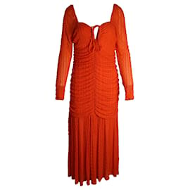 Ganni-Ganni Textured Ruched Jersey Midi Dress in Orange Polyamide-Orange