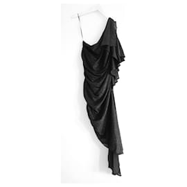Just Cavalli-Just Cavalli - Robe de soirée froncée noire à manches ange en lurex-Noir
