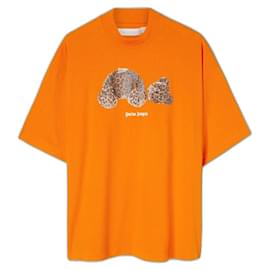 Palm Angels-SHORT SLEEVES T-SHIRT IN ORANGE WITH LEOPARD BEAR GRAPHIC-Orange