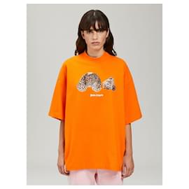 Palm Angels-SHORT SLEEVES T-SHIRT IN ORANGE WITH LEOPARD BEAR GRAPHIC-Orange