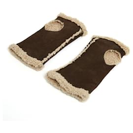 Hermès-SHEARLING MITTENS IN6.5 FINGERLESS GLOVES-Dark brown