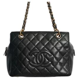Chanel-Chanel PST Petite Einkaufstasche in schwarzem, gestepptem CC Caviar-Schwarz,Gold hardware