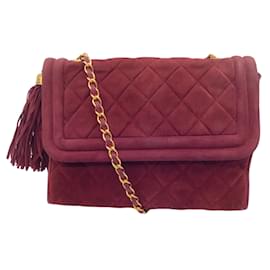 Chanel-Chanel Vintage Burgundy / Gold Tassel Detail Quilted Suede Leather Handbag-Dark red