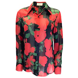 Saint Laurent-Saint Laurent negro / rojo / verde 2022 Camisa de seda con botones y estampado de rosas florales-Multicolor