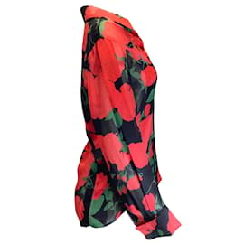 Saint Laurent-Saint Laurent negro / rojo / verde 2022 Camisa de seda con botones y estampado de rosas florales-Multicolor