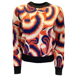 Dries Van Noten Trocknet van Noten Rot / Blau / Mehrfarbiger, langärmliger Pullover aus Wollstrick mit Rundhalsausschnitt in Schwarz Mehrfarben