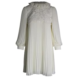 Philosophy di Lorenzo Serafini-Philosophy di Lorenzo Serafini Lace-Paneled Pleated Mini Dress in White Polyester-White