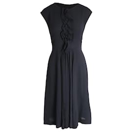 Prada-Prada Ruffled Gathered Knee-Length Dress in Black Viscose-Black