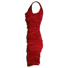 Dolce & Gabbana-Dolce & Gabbana Vestido sem mangas franzido em seda vermelha-Vermelho