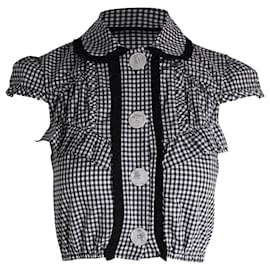 Miu Miu-Miu Miu Camisa Cropped com Babados em Algodão Cinza-Cinza