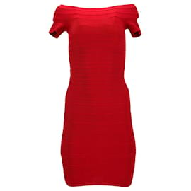 Herve Leger-Schulterfreies Bandagekleid „Carmen“ von Herve Leger aus rotem Rayon-Rot