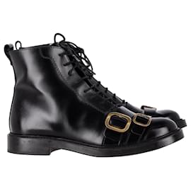 Tod's-Tod's Buckle Detail Lace-Up Ankle Boots in Black Calfskin Leather-Black