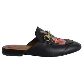 Gucci Princetown Horsebit Rose-Embroidered Flat Mules in Black Leather Black