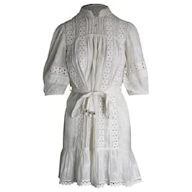 Zimmermann-Zimmermann Mini-robe brodée à ceinture en ramie blanche-Blanc