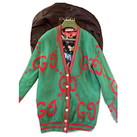 Gucci-Cardigan reversibile in lana con logo GUCCI “Guccighost”./Seta Taglia XS/S-Verde