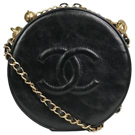 Chanel-Cor preta 2018 bolsa de ombro redonda de couro com ferragens douradas-Preto