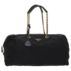 Prada-PRADA Chain Boston Bag Nylon Black Auth tb775-Black