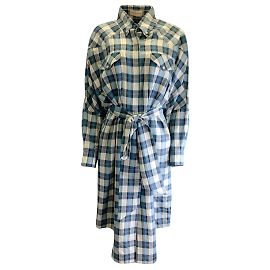 Alexandre Vauthier Blau / Elfenbeinfarbenes, kariertes, langärmliges Leinenhemdkleid mit Gürtel Blau