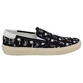 Saint Laurent-Saint Laurent Surf & Palm Print Slip-On Sneakers in Black Canvas-Black