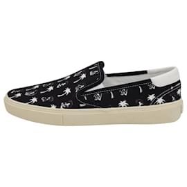 Saint Laurent-Saint Laurent Surf & Palm Print Slip-On Sneakers in Black Canvas-Black