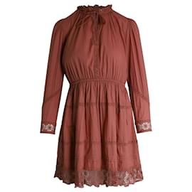Ulla Johnson-Ulla Johnson Tie-Neck Crochet-Trimmed Mini Dress in Rust Cotton-Other,Orange