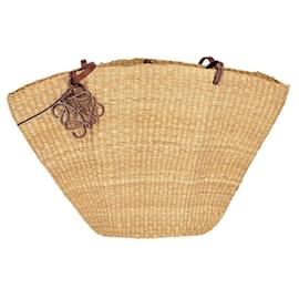 Loewe-Sac cabas Loewe Shell Medium Basket en herbe d'éléphant beige 'Natural' et cuir de veau marron 'Pecan'-Beige