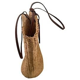 Loewe-Loewe Shell Medium Basket Tote Bag in 'Natural' Beige Elephant Grass and 'Pecan' Brown Calfskin Leather-Beige