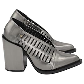 Jil Sander-Jil Sander Block Heel Cut-Out Pumps in Metallic Silver Leather-Silvery