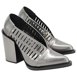 Jil Sander-Jil Sander Block Heel Cut-Out Pumps in Metallic Silver Leather-Silvery