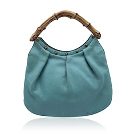 Gucci-Turquoise Leather Bamboo Studded Handbag Hobo Bag-Turquoise