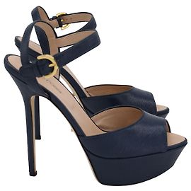 Sergio Rossi Peep-toe Platform Sandals in Navy Blue Patent Calf Leather Blue Navy blue