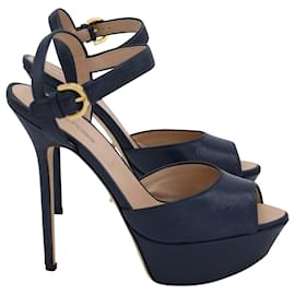 Sergio Rossi-Sergio Rossi Peep-toe Platform Sandals in Navy Blue Patent Calf Leather-Blue,Navy blue
