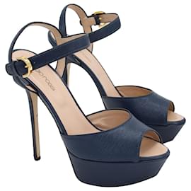 Sergio Rossi-Sergio Rossi Peep-toe Platform Sandals in Navy Blue Patent Calf Leather-Blue,Navy blue