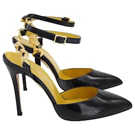 Charlotte Olympia-Charlotte Olympia Chain Ankle Strap Pointed-toe Pumps in Black Calfskin Leather-Black