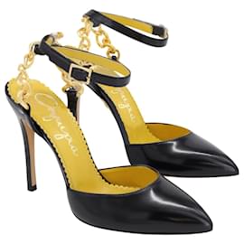 Charlotte Olympia-Zapatos de tacón con punta en punta y correa al tobillo con cadena Charlotte Olympia en piel de becerro negra-Negro