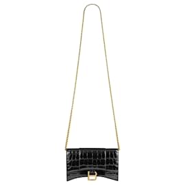 Balenciaga-Balenciaga Croc-Embossed Hourglass Wallet On Chain aus schwarzem Kalbsleder-Schwarz