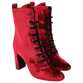 Saint Laurent-Saint Laurent Loulou Ankle Boots in Red Velvet-Red