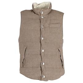 Brunello Cucinelli-Brunello Cucinelli Reversible Down Vest Jacket in Beige Linen and Wool-Beige