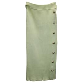 Balmain-Balmain Button-Embellished Ribbed Stretch-Knit Midi Skirt in Lime Green Viscose-Green