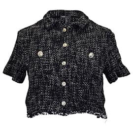 Maje-Maje Cropped Tweed Button-up Shirt In Black Organic Cotton-Black