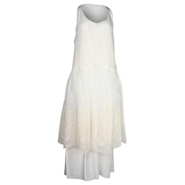 Stella Mc Cartney-Vestido midi color crema con superposición de malla bordada de Stella Mccartney-Blanco,Crudo
