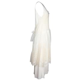 Stella Mc Cartney-Vestido midi color crema con superposición de malla bordada de Stella Mccartney-Blanco,Crudo