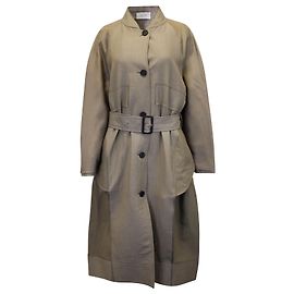 The Row Evia Belted Paneled Silk-Satin and Twill Coat in Beige Wool Beige