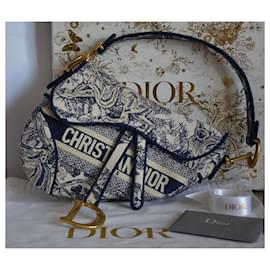 Dior-Borsa Dior Saddle media in Toile de Jouy-Bianco,Blu,Crudo,Blu scuro,Gold hardware
