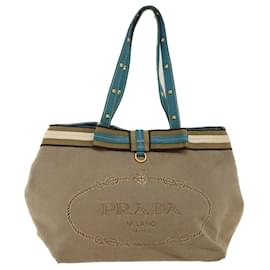 Prada-PRADA Bolso Tote Lona Cuero Beige Azul Claro Auth 49046-Beige,Azul claro