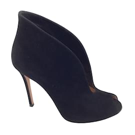 Gianvito Rossi-Gianvito Rossi Black Vamp Suede Leather Peep Toe Ankle Boots / Booties-Black