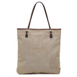 Prada-Prada Brown Canapa Logo Tote Bag-Brown,Beige