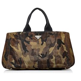 Prada-Prada Brown Canapa Camouflage Tote Bag-Brown,Other