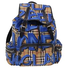 Burberry-BURBERRY Nova Check Graffiti Backpack Canvas Leather Beige Blue Auth 49119a-Black,Blue,Beige