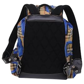 Burberry-BURBERRY Nova Check Graffiti Backpack Canvas Leather Beige Blue Auth 49119a-Black,Blue,Beige